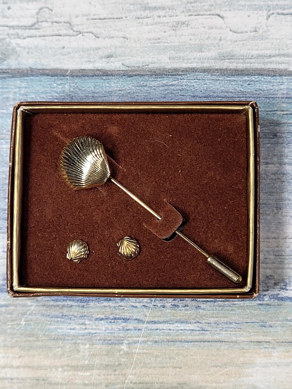 Vintage Gold Shell Stick Pin and Stud Earring Set - Women Accessories
